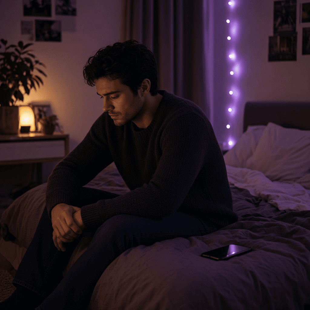 Sitting on the edge of the bed at night, unseen