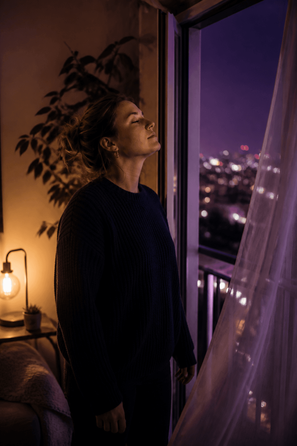 A woman standing at an open window at night, eyes closed, taking a breath
