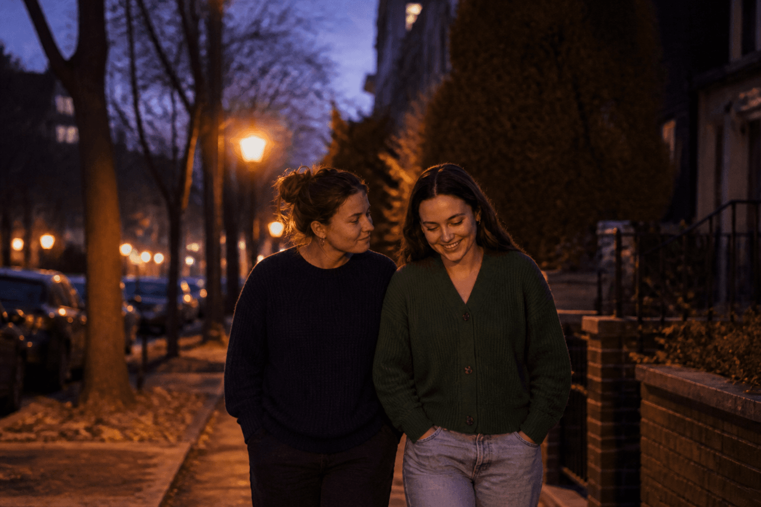 Two friends walking together at dusk