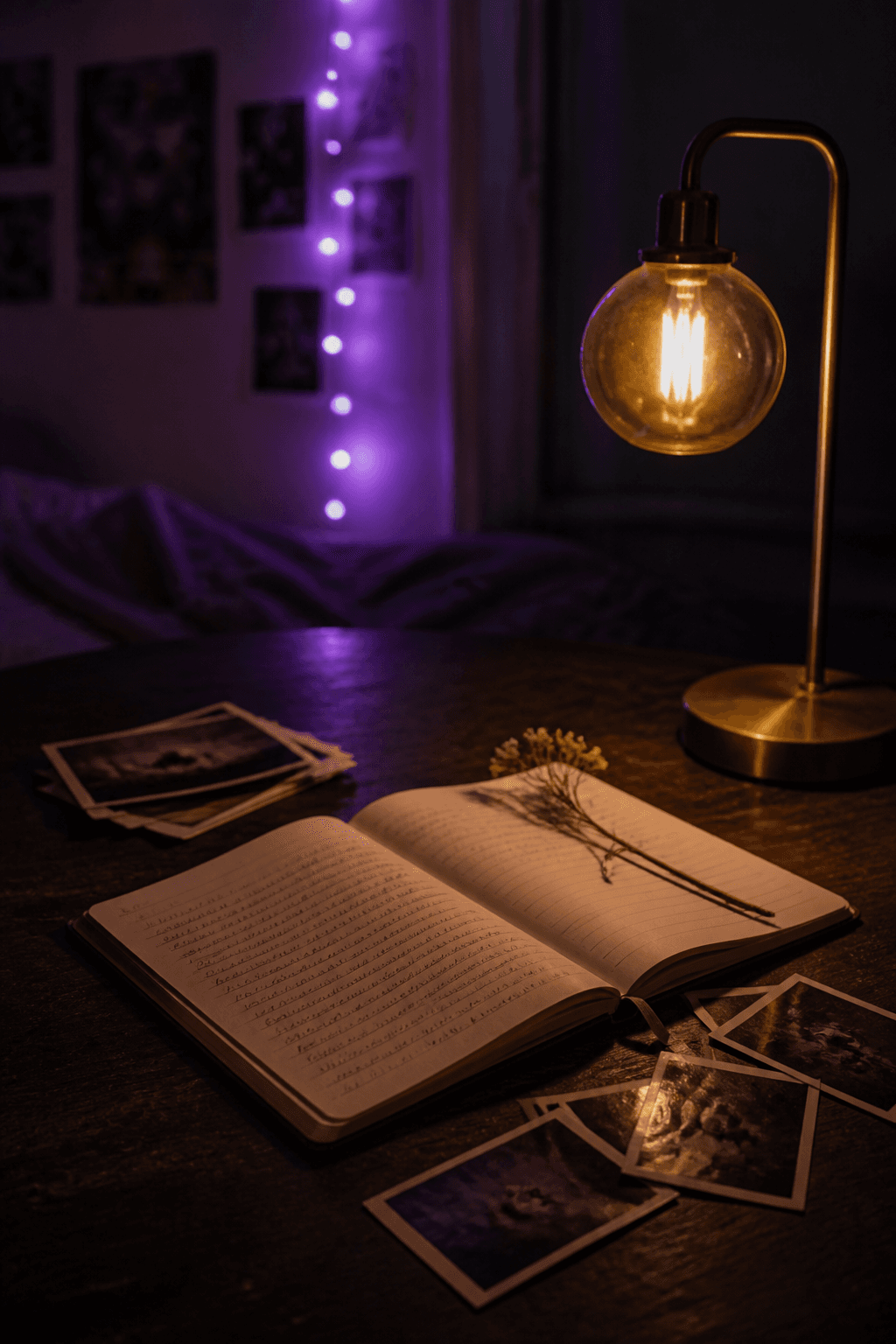 An open journal and photographs on a night desk