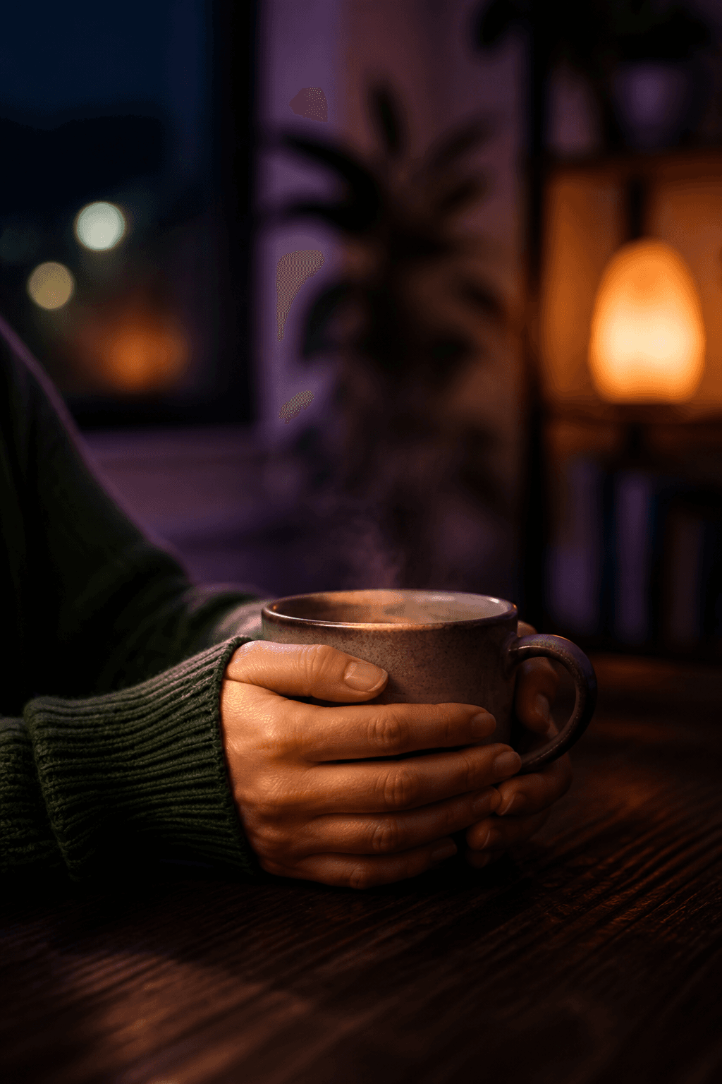 Hands wrapped around a warm mug at night