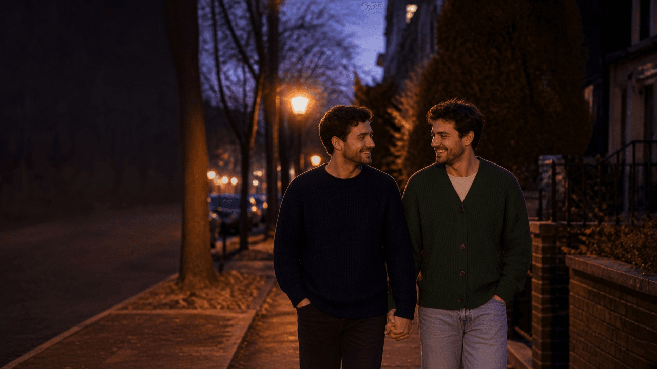 Two men walking together at dusk, holding hands