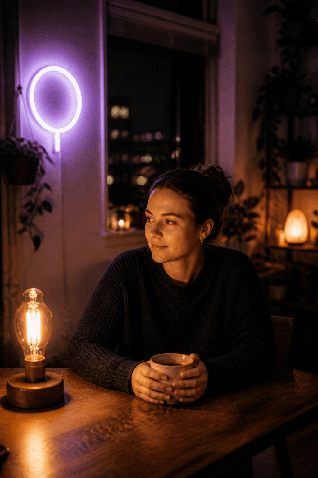 A woman sitting with tea at night in a quiet room, unguarded